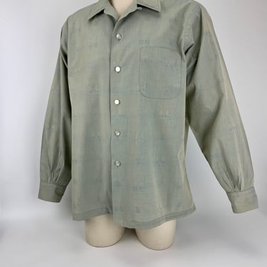Vintage 1950's Schiaparelli Shirt - Iridescent Cotton Damask - Signature S Buttons - Loop Collar - Mens Size Large 