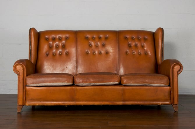 1940s French Wingback Style 3-Seater Sofa W/ Original Brown Leather 