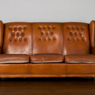 1940s French Wingback Style 3-Seater Sofa W/ Original Brown Leather 