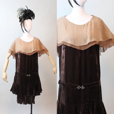 1920s CHOCOLATE CAPE silk velvet dress small | new fall 