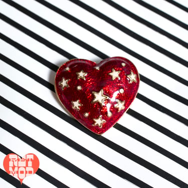 Adorable Vintage 70s 80s Red Enamel Heart Brooch with Stars 