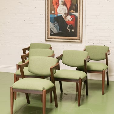 Green Upholstered Walnut Dining Chair x5