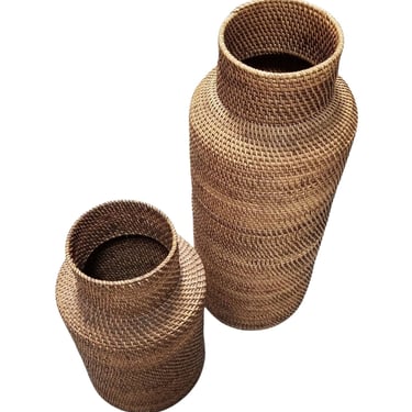 Restored Reed Rattan Wicker Decorative Vases Gabriella Crespi Styled - Pair of 2 