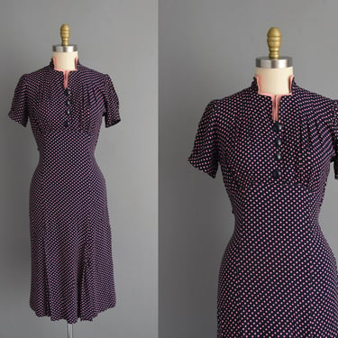 1940s vintage dress | Adorable Navy Blue & Pink Polka Dot Rayon Dress | Medium | 40s dress 