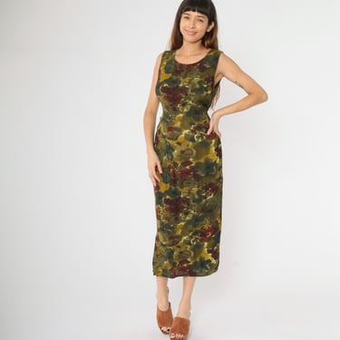 Vintage Olive Floral Midi Dress 90s Green Grunge Sundress Sleeveless Flower Print Day Dress Boho Summer Hippie Casual Tank 1990s Small 6 