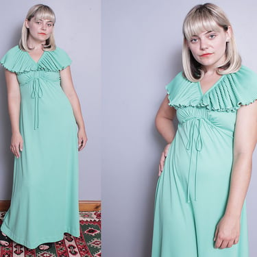 Vintage 1970's | Sea Foam Green | Empire Waist | Ruffled | Long | Maxi | Dress | S/M 