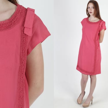 60s Magenta Rayon Chiffon Dress, Womens Blank Shift Bridal Party, Lace Embellished Simple Cocktail Hour Mini Dress 