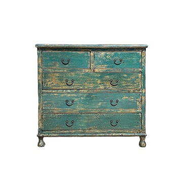 Distressed Teal Blue Green 5 Drawers Credenza Storage Sideboard Cabinet ws4709E 