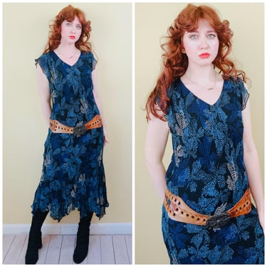 1990s Vintage Style and Co Blue and Black Floral Fairy Dress / 90s Rayon Flutter Sleeve Bias Cut Dress / Size Medium - Large 