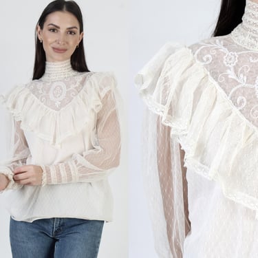 Classic Cream Lace Victorian Blouse, Vintage Country Ruffle Top, Sheer High Collar Peasant Tunic 