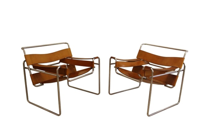 Pair of Original Vintage Marcel Breuer Wassily Chairs Cognac Leather 
