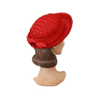 1960s Vivid Red Raffia Breton Hat - 1960s Bright Red Hat - Vintage Womens Red Hat - 60s Red Hat - Red Straw Hat - Mid Century Red Hat 