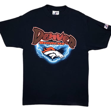 Vintage 90s Logo Athletic Denver Broncos Football Lightning Print NFL Graphic T-Shirt Size Large 