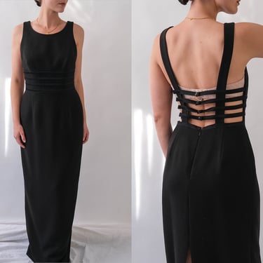Vintage 90s Andrea Polizzi for Rex Lester Black Maxi Dress w/ Strap Back | Snap Back Closures | Little Black Dress | 1990s Designer Dress 