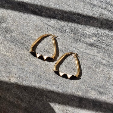 Vintage 14K Gold Enamel Triangle Hoop Earrings, Modernist Gold Hoops, Black & Beige Enamel Designs, 585 Statement Earrings, 35mm 