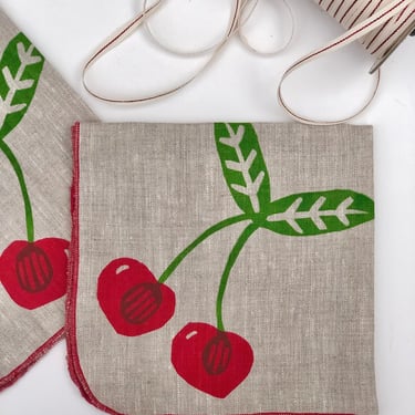 Cherries Linen Napkins, Hand printed fruit napkins 
