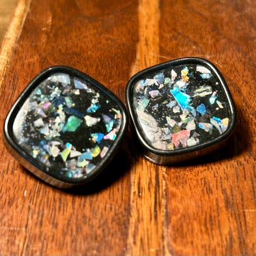 Vintage Confetti Lucite Clip On Earrings Black Rainbow Sparkly 80s Retro Jewelry Gift 