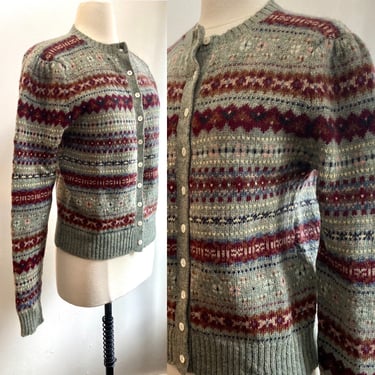 Vintage 80's  FAIR ISLE Wool Knit Cardigan / Ralph Lauren / Puff Sleeve Shoulder + Shell Buttons / L 