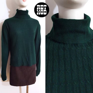 Cozy Vintage 70s 80s Dark Green Cable Knit Turtleneck Sweater Top 