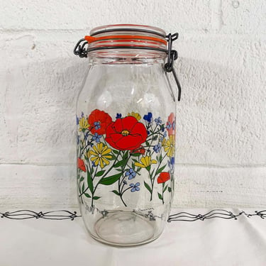 Vintage Glass Kitchen Canister Storage 2 Liters France Hermetic Seal Metal Wire Arc Container R. Carman Floral Poppy Wildflowers Jar 1970s 