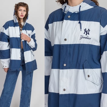 90s NY Yankees Striped Hooded Jacket - Men's Large, Women's XL | Vintage Unisex Blue & White New York MLB Zip Up Windbreaker 