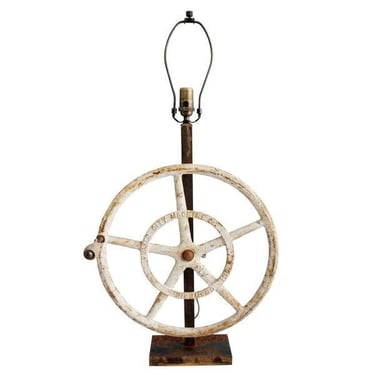 Vintage American Industrial Painted White Cast Iron Greenhouse Wheel Repuposed  as a Table Lamp 