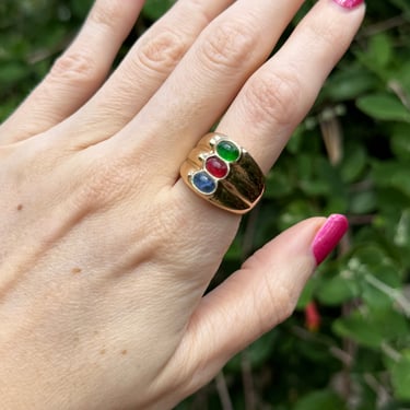 80s Mogul Blue Red Green Glass Cabochon Gold Ring Size 7.5