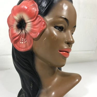 Vintage Marwal Hawaiian Girl Chalkware Bust Hibiscus Flower