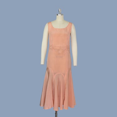 1920s Dress / 20s Sleeveless Pink Silk Dress / Ruched Waist 