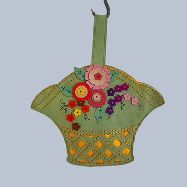 1940s Purse / OVERSIZED 40s Felt Applique Faux Basket Bag / Felt Flowers / Cut Out Details 