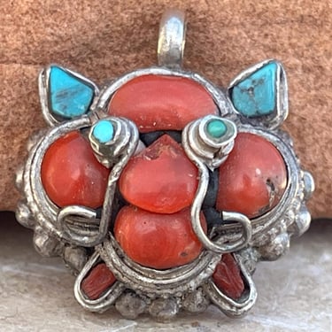 Vintage Sterling Silver and Red Coral Imp Pendant with Turquoise Eyes and Ears 