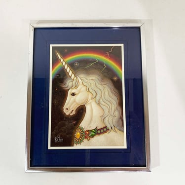 Vintage Framed Unicorn Wall Art Rainbow K Chin Mystical Fantasy Mid-Century Silver Frame 1980s 1970s Wall Decor Nursery Kids 