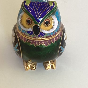 Vintage Metal Floral Enamel Cloisonne Owl Trinket Box Figurine Double Sided Owl 