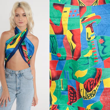 Vintage Silk Picasso Scarf 80s Cubist Art Scarf Top Colorful Abstract Print Hippie Boho Pablo Picasso 38" Square 1980s Extra Small XS S 