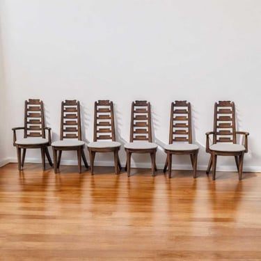 Six Mid Century Dining Chairs – Wooden Chairs with Arms, Vintage Dining Set, Retro Dining Room Furniture, Solid Wood, MCM, c. 1970s 