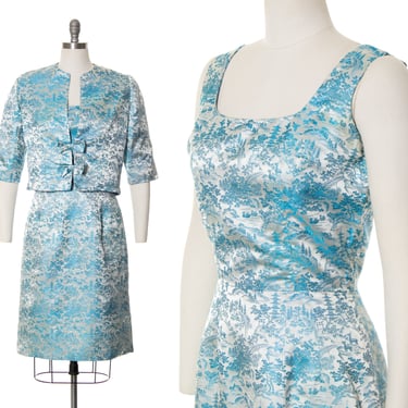 Vintage 1960s Dress Set | 60s Asian Novelty Print Silk Jacquard Light Blue Wiggle Cocktail Dress Jacket Evening Formal Dress (small) 