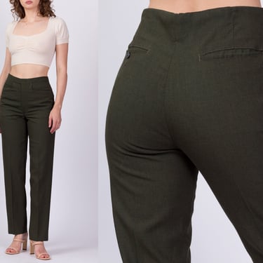 70s Men's Army Green Slim Tapered Trousers - 31" Waist | Vintage Unisex High Waist Olive Wool Blend Pants 