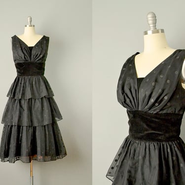 SALE 50%  50s Dress // 1950's Black Flocked Polka Dot Tiered Chiffon Dress // Small 