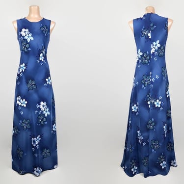 VINTAGE 90s Blue Hawaiian Floral Slinky Maxi Dress Sz 9/10 | 1990s Bias 30s Style Long Dress | VFG 