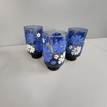 Set of 3 Libbey Blue and White Flower Drinking Glasses 