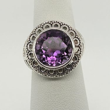 Artisan Purple Round Amethyst & Sterling Silver Ring Scallop Modernist Sz 7.5 