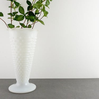 Vintage Hobnail Milk Glass Vase, Large White Hobnail Vase, Trumpet Vase, Tall Flower Vase 