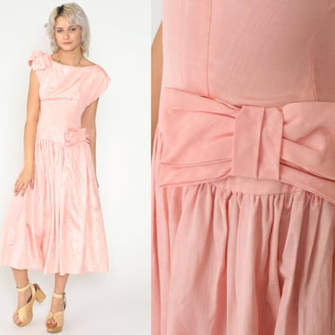 Pink Party Dress 80s Prom Dress Bow Tea Length Midi Dress Cap Sleeve Drop Waist Pleated Formal Low Open Back Vintage 1980s Extra Small xs 