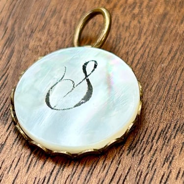 Vintage Mother Of Pearl Initial Charm Letter S Brass Abalone Retro Pendant 