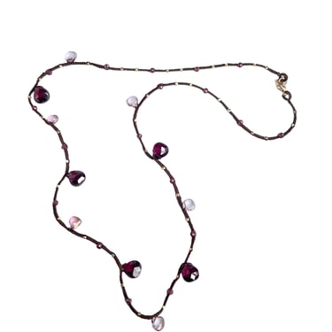 Danielle Welmond |  Woven Brown Silk Cord with Pink Quartz, Vermeil Bead and Garnet beads and drop Necklace