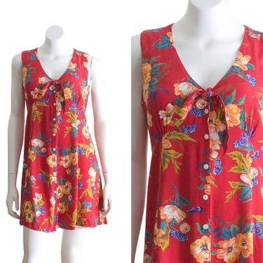 1990s Red Tropical Flower Print Sleeveless Dress 