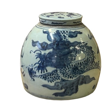 Oriental Blue White Dragon Flat Base Round Porcelain Ginger Jar ws4831E 