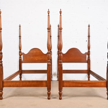 Kindel Furniture Georgian Carved Solid Cherry Wood Twin Size Poster Beds, Pair