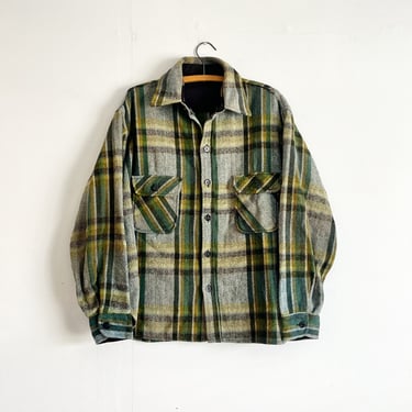 Vintage 60s Green Plaid Heavy Flannel Shirt Jacket Anchor Buttons Size M to L 