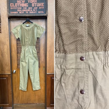 Vintage 1980’s New Wave Safari Mesh Detail Cotton Jumpsuit Outfit, Vintage Jumpsuit, New Wave, Vintage Mesh, 1980’s, Safari, Sage Green 